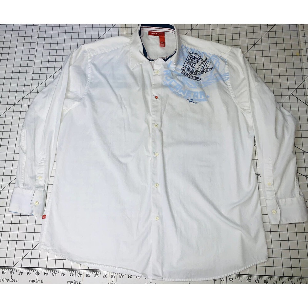 RocaWear Logo Button Up Dress Shirt Mens 3X White Write Out Blue Trim L S GUC